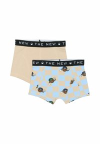 Két pár fiú boxer alsónadrág. Az egyik bézs, a másik kék kockás mintával és rajzfilmfigúrákkal. Mindkettő fekete gumis derékkal rendelkezik.