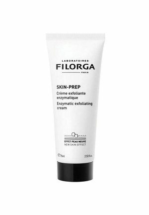 Filorga Skin-Prep enzymatisk eksfolierende creme tube, 75 ml, hvid med sort låg, mærket "New Skin Effect" på fransk og engelsk.