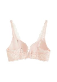 Rosa blonde bralette med bølgede kanter, justerbare stropper og en krog-lukning. Blød tekstur med blomstermønstre og en sløjfe detalje på ryggen.