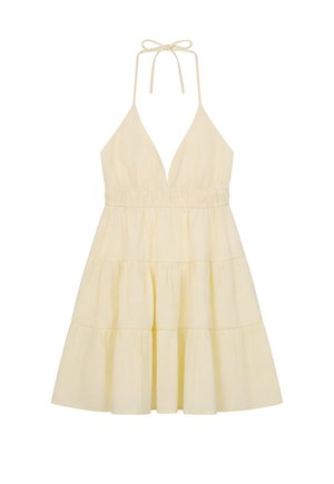 Vestido de verano amarillo claro con cuello halter, escote en V pronunciado, cintura elástica y falda con volantes en capas.