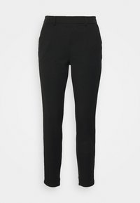 Pantalons noirs ajustés avec une coupe slim, texture lisse, devant plat et poches latérales. Conçus avec une taille standard et une fermeture éclair.