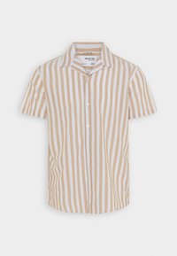 Béžová a bílá vertikálně pruhovaná košile s krátkým rukávem, zapínáním na knoflíky, vyrobená z lnu, s límečkem a klasickým střihem.