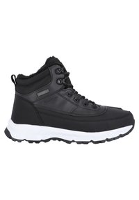 Botas altas negras de material sintético con un upper texturizado, suela de goma blanca y acolchado en el tobillo para mayor comodidad y calidez.