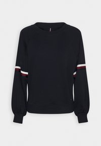 Felpa nera con maniche lunghe e a sbuffo, scollatura rotonda e righe a contrasto in bordeaux e bianco sulle maniche. Tessuto morbido.