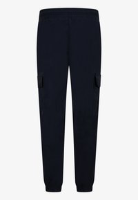 Marineblaue Cargo-Hosen mit elastischem Bund, schmal zulaufendem Bein und zwei seitlichen Taschen mit Klappen für Funktionalität und Stauraum.