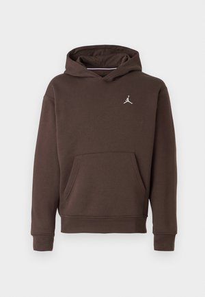 Felpa cappuccio marrone con tasca a marsupio anteriore e piccolo logo Jumpman bianco sul petto.