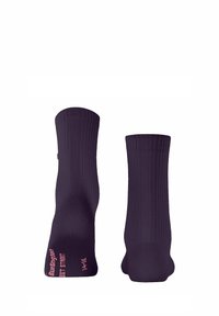 Calze alla caviglia di colore viola scuro con texture a coste. Presentano il marchio e la taglia stampati in rosa sulla suola. Vestibilità standard.