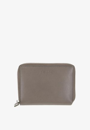 Portefeuille en cuir taupe avec fermeture éclair tout autour, logo embossé "PICARD" et tirette de fermeture éclair argentée.