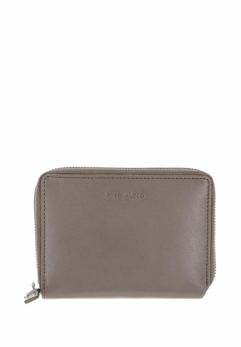 Portefeuille en cuir taupe avec fermeture éclair tout autour, logo embossé "PICARD" et tirette de fermeture éclair argentée.