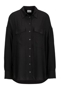 Black button-up shirt made of smooth fabric, featuring a classic collar, two chest pockets, and long sleeves with button cuffs.