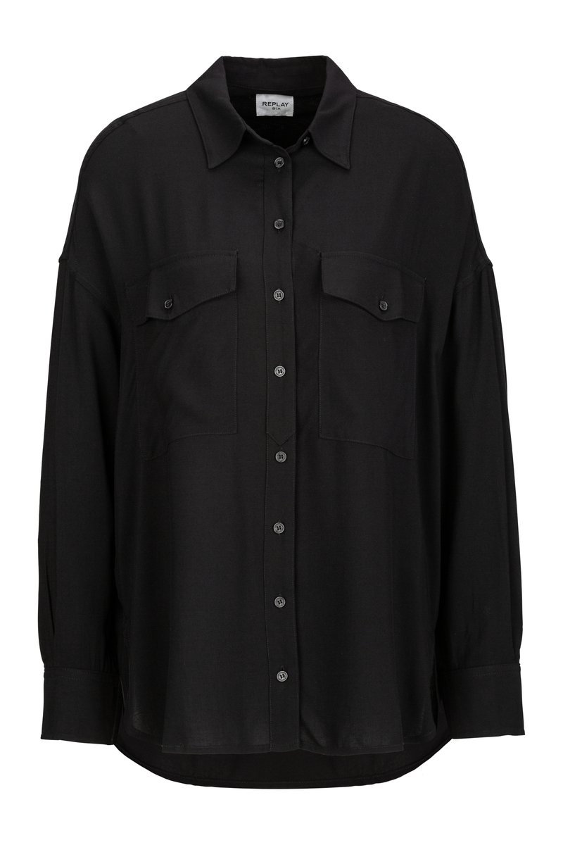 Black button-up shirt made of smooth fabric, featuring a classic collar, two chest pockets, and long sleeves with button cuffs.