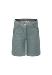 Jasnoniebieskie szorty dżinsowe z zapięciem na guzik, zamkiem błyskawicznym, dwiema przednimi kieszeniami oraz przeszyciami. Cecha prostego kroju i dołu.