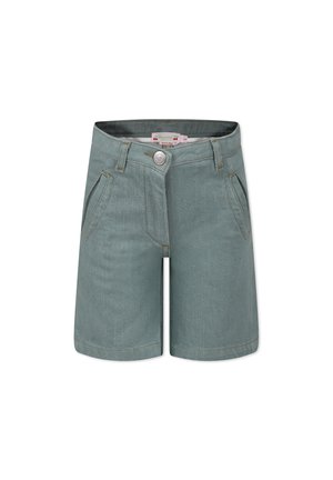 Shorts en denim bleu clair avec une fermeture à bouton, un zip, deux poches avant et des accents de couture. Présente une coupe droite et un ourlet.