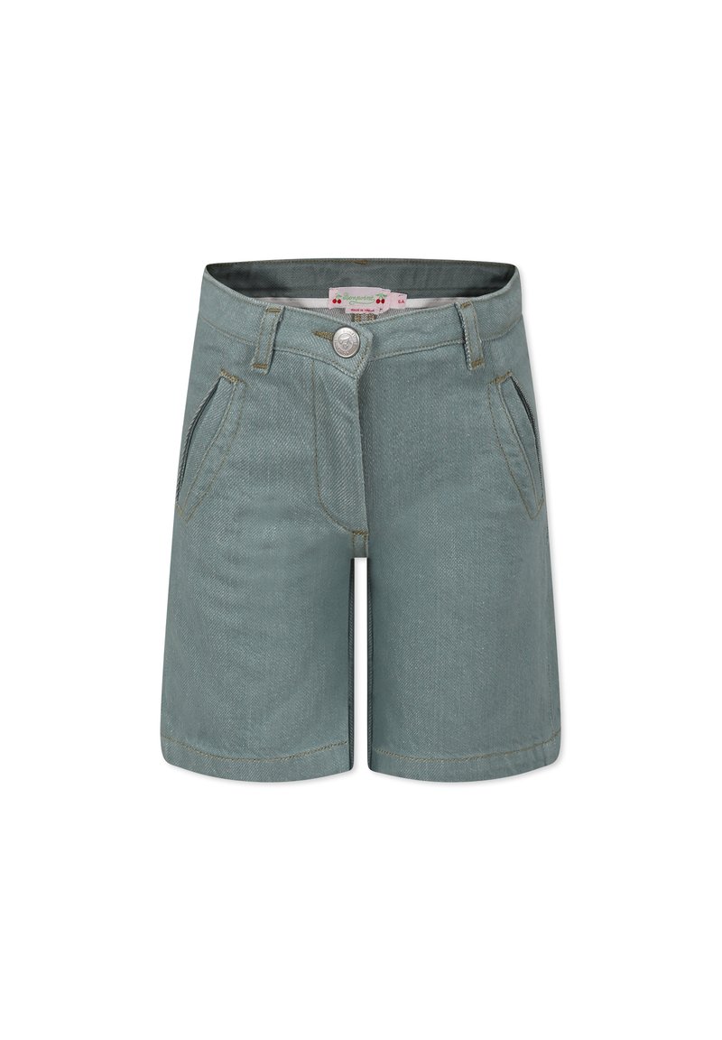 Jasnoniebieskie szorty dżinsowe z zapięciem na guzik, zamkiem błyskawicznym, dwiema przednimi kieszeniami oraz przeszyciami. Cecha prostego kroju i dołu.