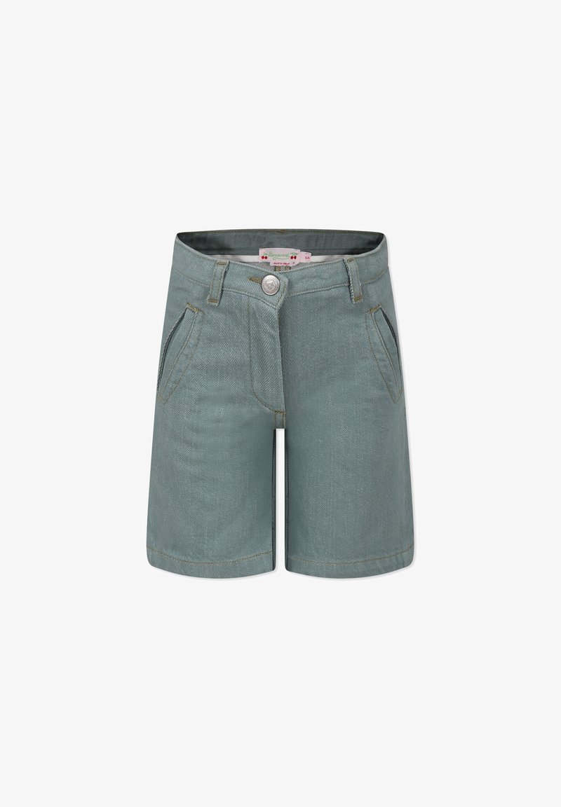 Jasnoniebieskie szorty dżinsowe z zapięciem na guzik, zamkiem błyskawicznym, dwiema przednimi kieszeniami oraz przeszyciami. Cecha prostego kroju i dołu.