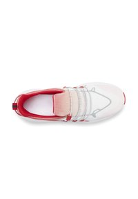 White sneaker with red accents, mesh upper, and elastic laces. Features a textured pattern, padded collar, and logo detailing on the heel.