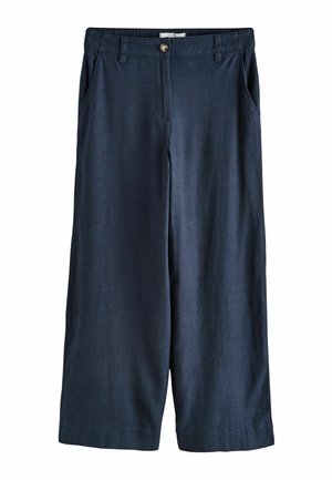 Navy blue wide-leg pants with front pockets, belt loops, and a button closure at the waist.