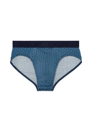 Blauwe onderbroek met een patroon van textuur, voorzien van een marineblauwe tailleband en een geometrisch ontwerp in verschillende tinten blauw.