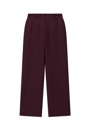 Burgundy wide-leg trousers made from smooth fabric, featuring a flat front with belt loops and side pockets for added utility.