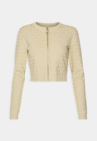 Cardigan lavorato a maglia in beige chiaro con un motivo testurizzato, design accorciato e zip dorata frontale. Maniche lunghe e scollatura rotonda.