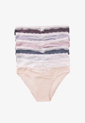 Set of seven women's panties in various colors including beige, gray, lavender, and mauve, featuring lace trim and a smooth fabric finish.