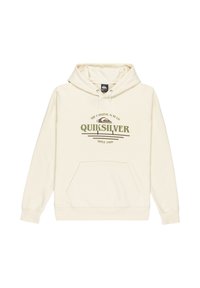 Sudadera color crema hecha de una tela suave, con un bolsillo canguro, capucha con cordón y un logo impreso en verde y marrón.