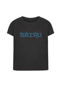 Black cotton t-shirt with short sleeves and a round neckline. Features a bold blue graphic text "SAIRU" on the front.
