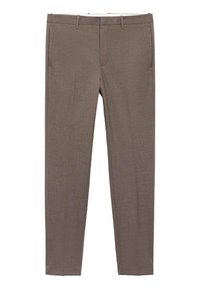 Brown tailored trousers with a textured fabric, slim fit, and pockets. Features a flat front and belt loops for adjustable sizing.