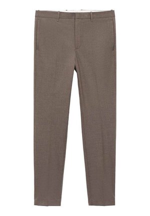 Brown tailored trousers with a textured fabric, slim fit, and pockets. Features a flat front and belt loops for adjustable sizing.