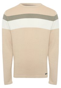 Long-sleeve sweater in beige with horizontal striped accents in olive green and white. Textured knit fabric, round neck, and cuffed sleeves.
