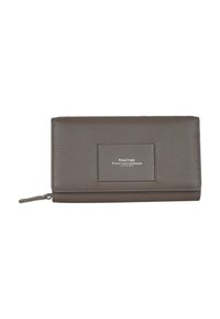Portefeuille en cuir gris avec une fermeture éclair et une étiquette rectangulaire affichant "MÀITRE FINEST LEATHERGOODS." Design élégant et minimaliste.