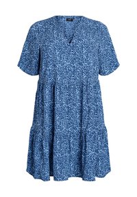 Īsām piedurknēm zils kleita ar V veida kakla izgriezumu, ar teksturētu rakstu un slāņotu svārku dizainu. Izgatavots no viegla auduma.