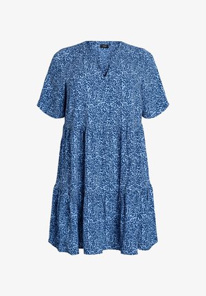 Īsām piedurknēm zils kleita ar V veida kakla izgriezumu, ar teksturētu rakstu un slāņotu svārku dizainu. Izgatavots no viegla auduma.