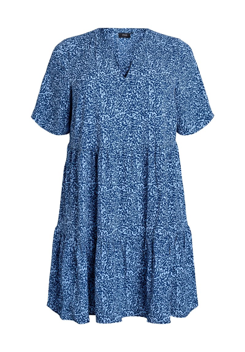 Īsām piedurknēm zils kleita ar V veida kakla izgriezumu, ar teksturētu rakstu un slāņotu svārku dizainu. Izgatavots no viegla auduma.