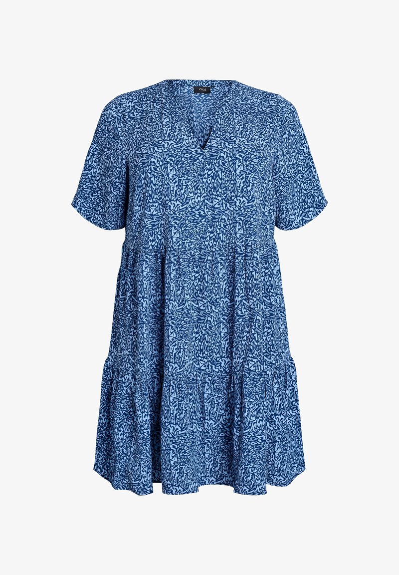 Īsām piedurknēm zils kleita ar V veida kakla izgriezumu, ar teksturētu rakstu un slāņotu svārku dizainu. Izgatavots no viegla auduma.