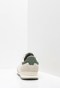 Béžové semišové tenisky s zelenými akcenty, kulatou špičkou, měkkou textilní podšívkou a gumovou podrážkou. Minimalistický design s kontrastními texturami.