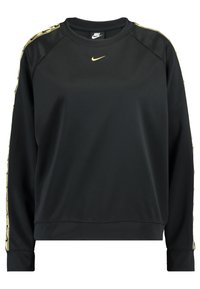 Czarna bluza z długimi rękawami, złote logo i paski po bokach. Wykonana z gładkiego materiału, z okrągłym dekoltem i ściągaczami na mankietach.
