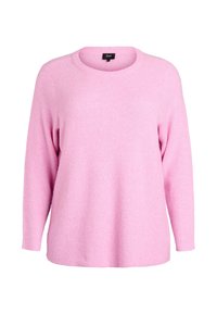 Svetlo ružový sveter vyrobený z rebrového pleteného materiálu, s okrúhlym výstrihom a dlhými rukávmi, s voľným strihom a mäkkou textúrou.