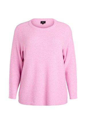 Pull léger rose en tricot côtelé, avec un col rond et des manches longues, offrant une coupe décontractée et une texture douce.