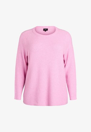 Lichtroze trui van geribbelde brei stof, met een ronde halslijn en lange mouwen, in een ontspannen pasvorm en een zachte textuur.