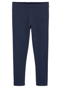 Mereväe sinist värvi säärised, valmistatud venivast kangast, kõrge vöökohaga ja kitsas lõikega, ilma nähtavate mustrite või rõhutusteta.