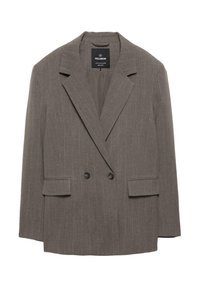 Blazer marrone doppiopetto con righe verticali sottili, rever strutturati, due tasche frontali e bottoni neri come dettagli. Tessuto leggero.