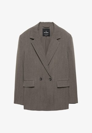 Dvoredno smeđe sako s okomitim prugama, strukturiranim reverima, dva prednja džepa i crnim gumbima kao detaljima. Lagana tkanina.