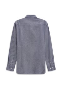 Camicia grigia a maniche lunghe con polsini bottonati e un sottile motivo a scacchi, mostrata da dietro su uno sfondo bianco.
