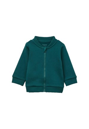 Giacca verde acqua con zip, maniche lunghe, polsini e orlo a coste, realizzata in tessuto morbido. Presenta un collo alto e una chiusura lampo frontale.