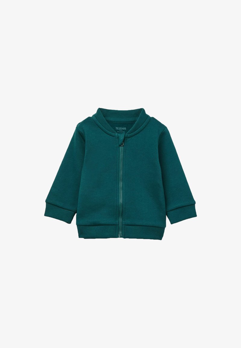 Veste zippée bleu sarcelle à manches longues, avec des poignets et un ourlet côtelés, fabriquée en tissu doux. Elle dispose d'un col haut et d'une fermeture éclair à l'avant.