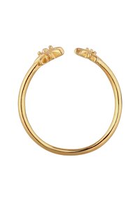 Gouden ring met een open ontwerp, met sculpturale uiteinden die lijken op klauwachtige vormen. Gepolijste oppervlakte met een gladde textuur.