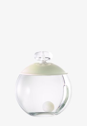 Récipient en verre transparent rond avec un couvercle sphérique blanc et une petite boule blanche à l'intérieur reposant au fond.