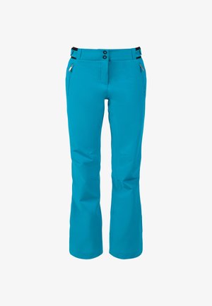 Türkise Softshell-Hose mit geradem Beinschnitt, ausgestattet mit zwei seitlichen Reißverschlusstaschen und einem schwarzen Bund mit zwei Knöpfen.