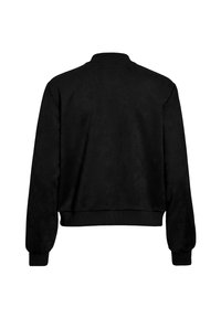 Juoda bombonešio striukė su minkšta, zomšą primenančia tekstūra, su ribiniais rankogaliais ir be apykaklės dizaino. Lygi medžiaga vienos spalvos su švariais linijomis.